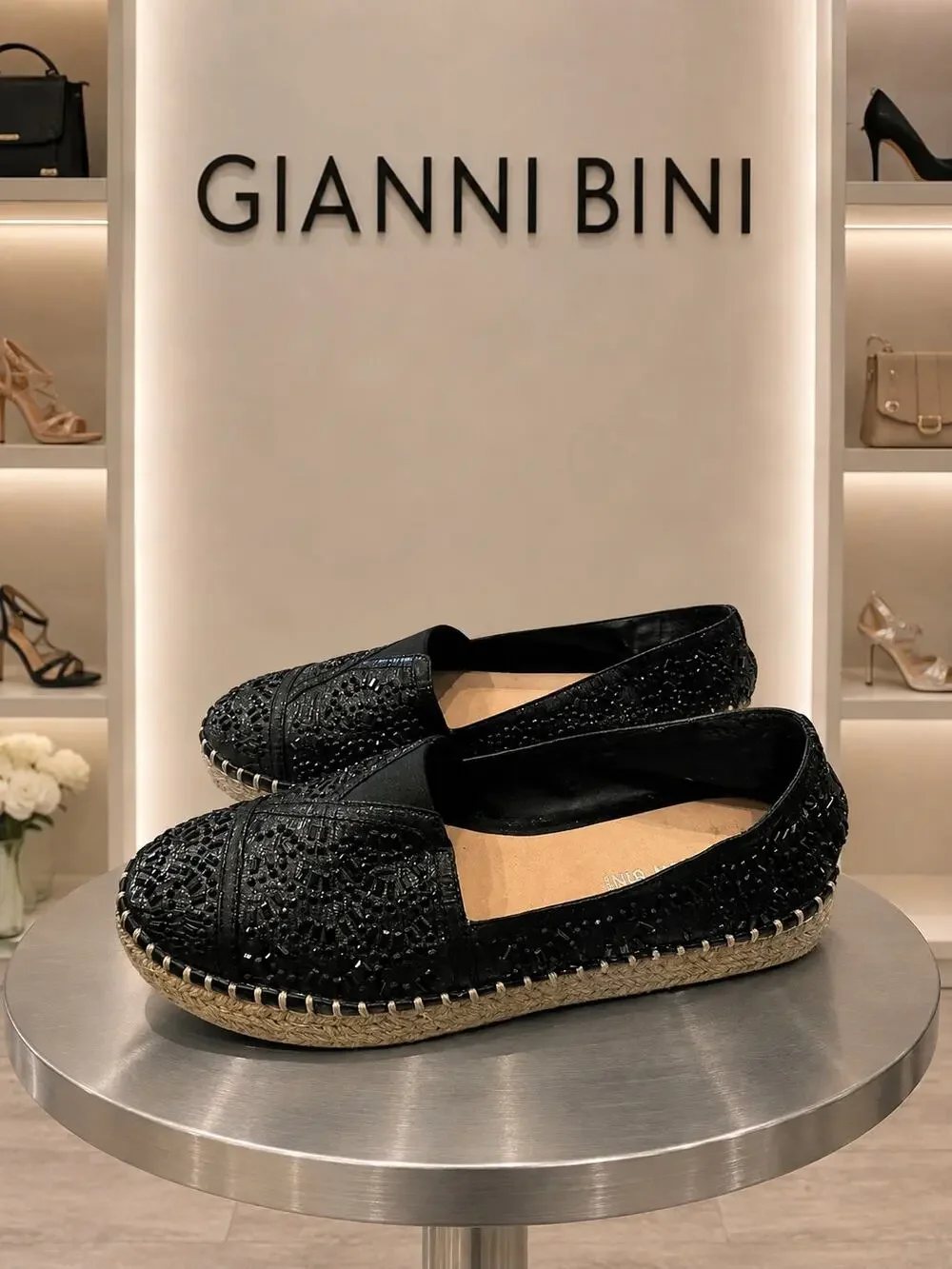Gianni Bini Black Embellished Espadrille Flats Slip On Shoes 6.5M